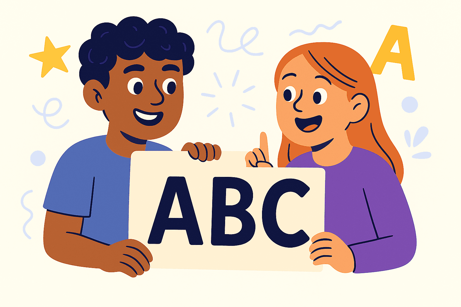 characters holding an alphabet