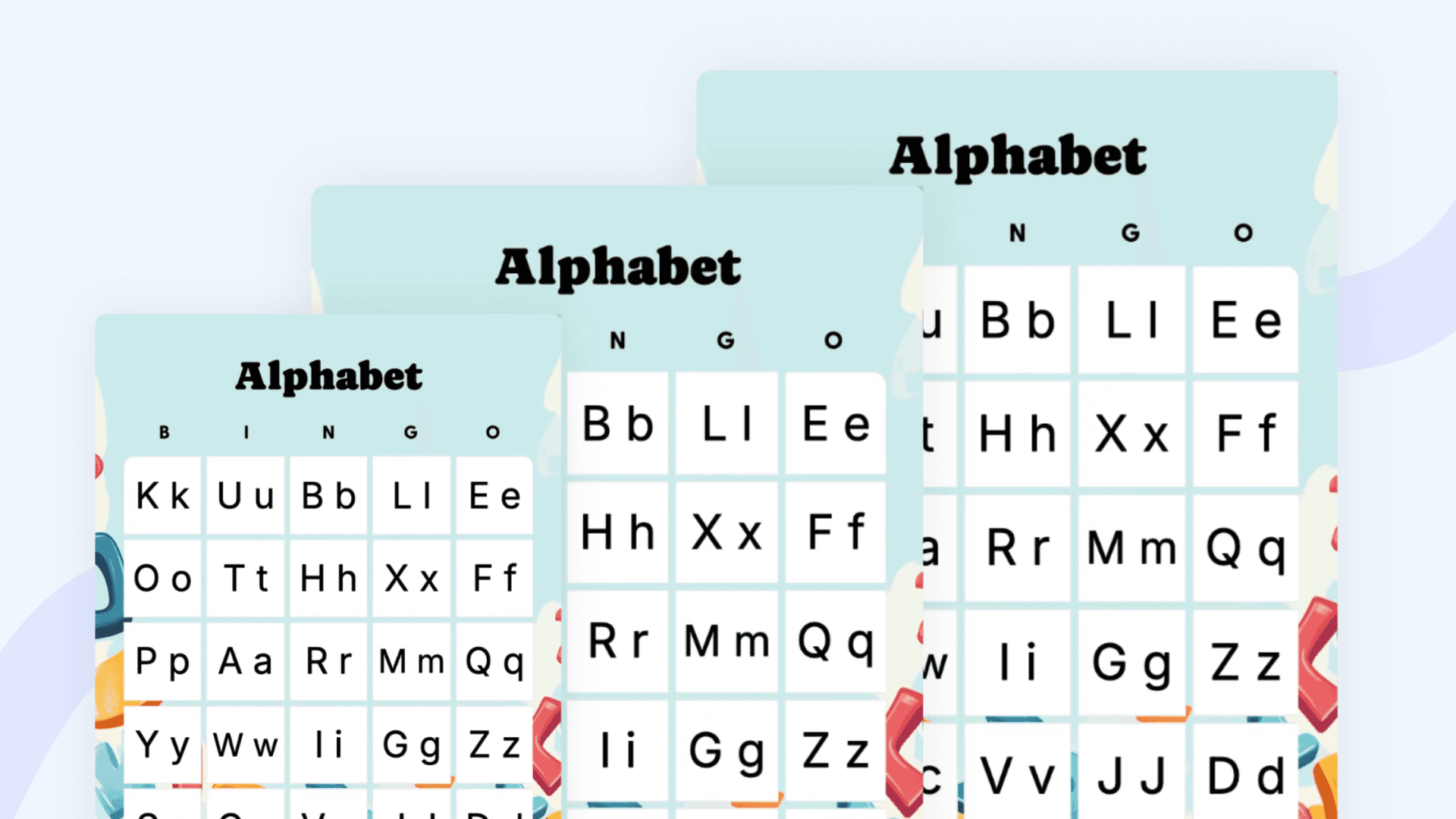 stacked alphabet bingo cards
