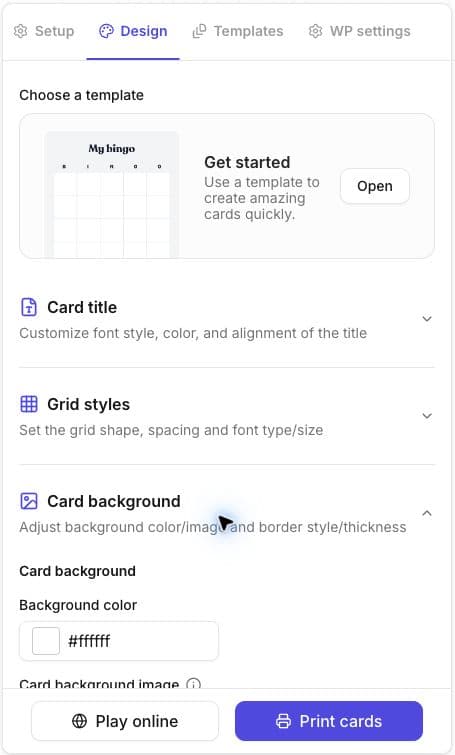 Design tab with Card background expanded beneath Card title and Grid styles.