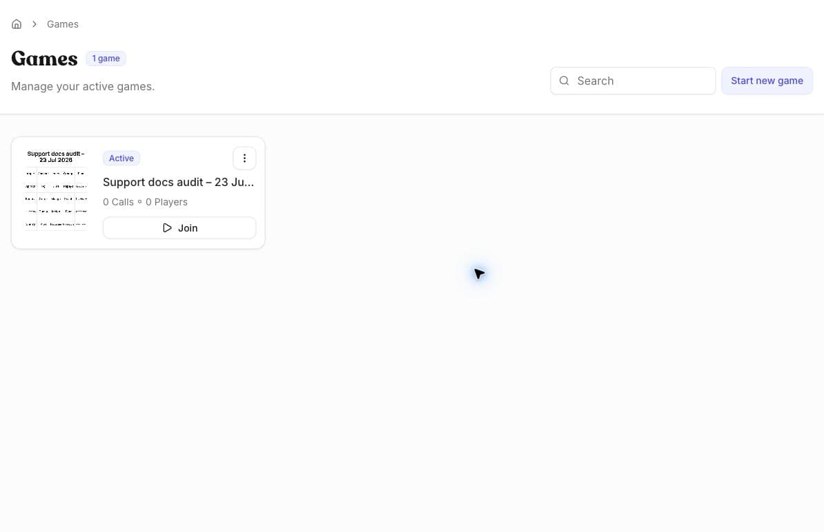 Games dashboard showing one active saved game with a Join action.